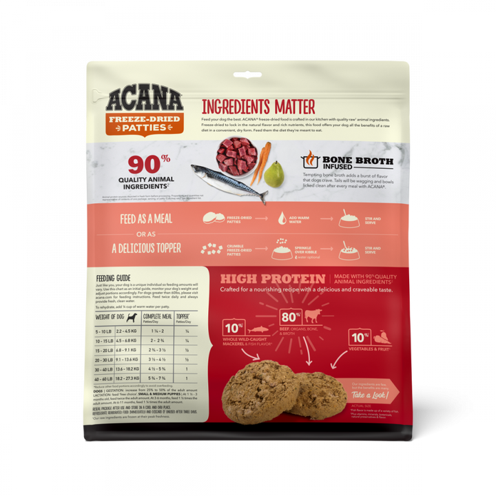 ACANA Freeze Dried Dog Food & Topper, Grain Free, High Protein,  Fresh & Raw Animal Ingredients, Ranch Raised Beef Recipe, Patties