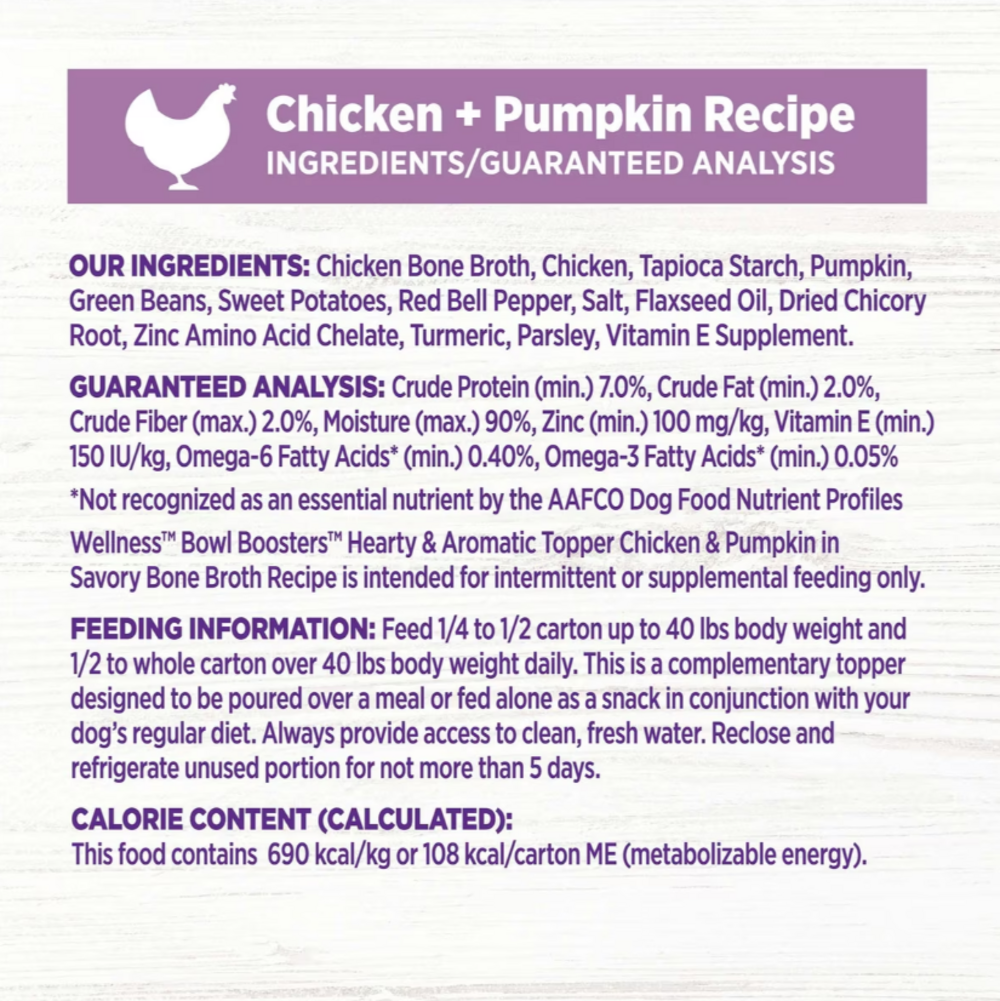 Wellness Bowl Boosters Hearty Toppers Chicken & Pumpkin Recipe in Savory Bone Broth Dog Food Toppers