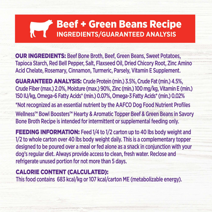 Wellness Bowl Boosters Hearty Toppers Beef & Green Beans Recipe in Savory Bone Broth Dog Food Toppers