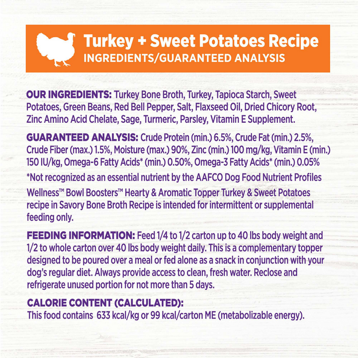 Wellness Bowl Boosters Hearty Toppers Turkey & Sweet Potatoes Recipe in Savory Bone Broth Dog Food Toppers