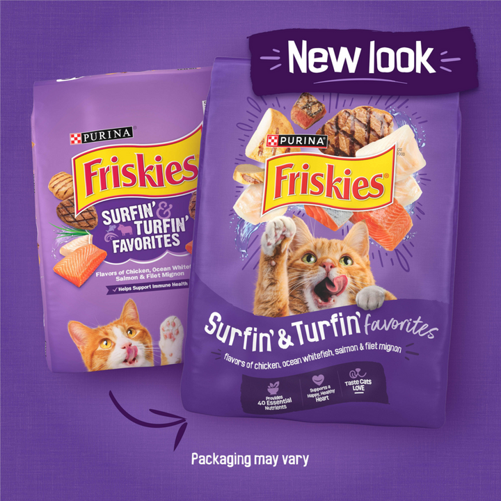 Purina Friskies Cat Food Surfin and Turfin Favorites Flavors of Chicken, Whitefish, Salmon and Filet Mignon Dry Cat Food