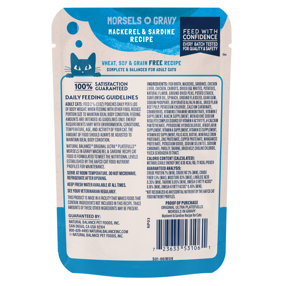 Natural Balance Original Ultra Platefulls Wet Cat Food, Mackerel & Sardine Morsels in Gravy Recipe