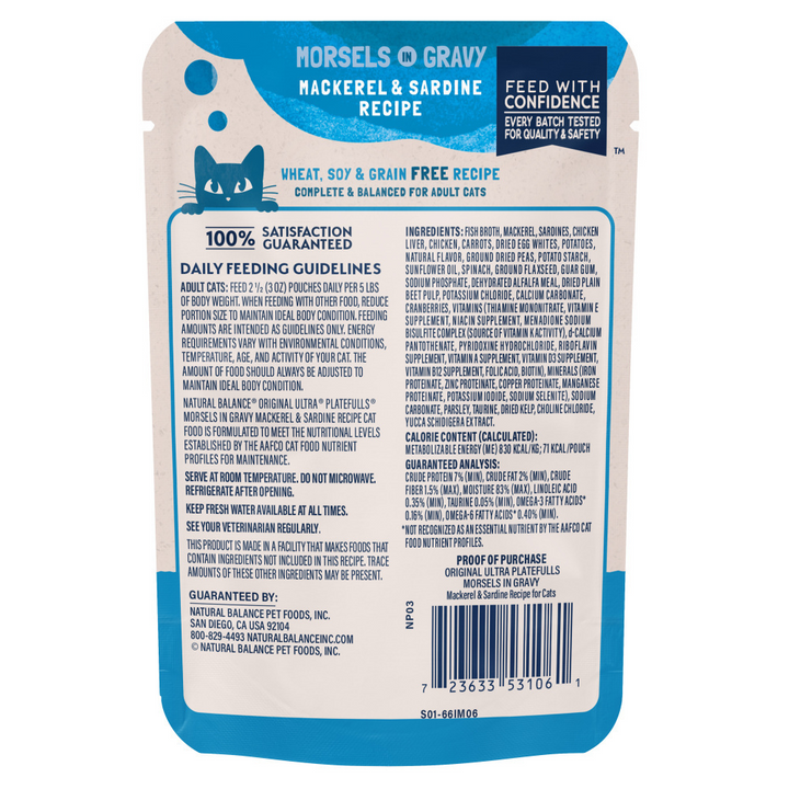 Natural Balance Original Ultra Platefulls Wet Cat Food, Mackerel & Sardine Morsels in Gravy Recipe