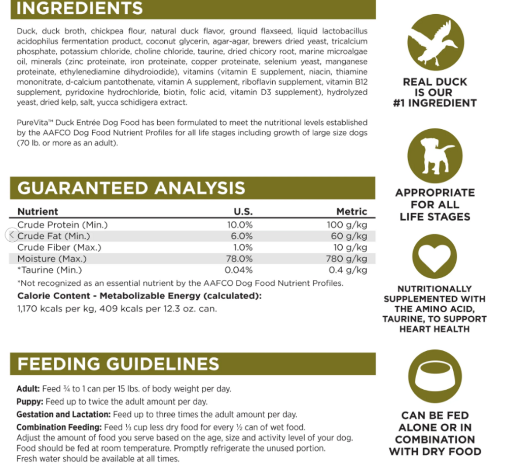Nutrisource Pure Vita Grain Free Duck Entree Dog